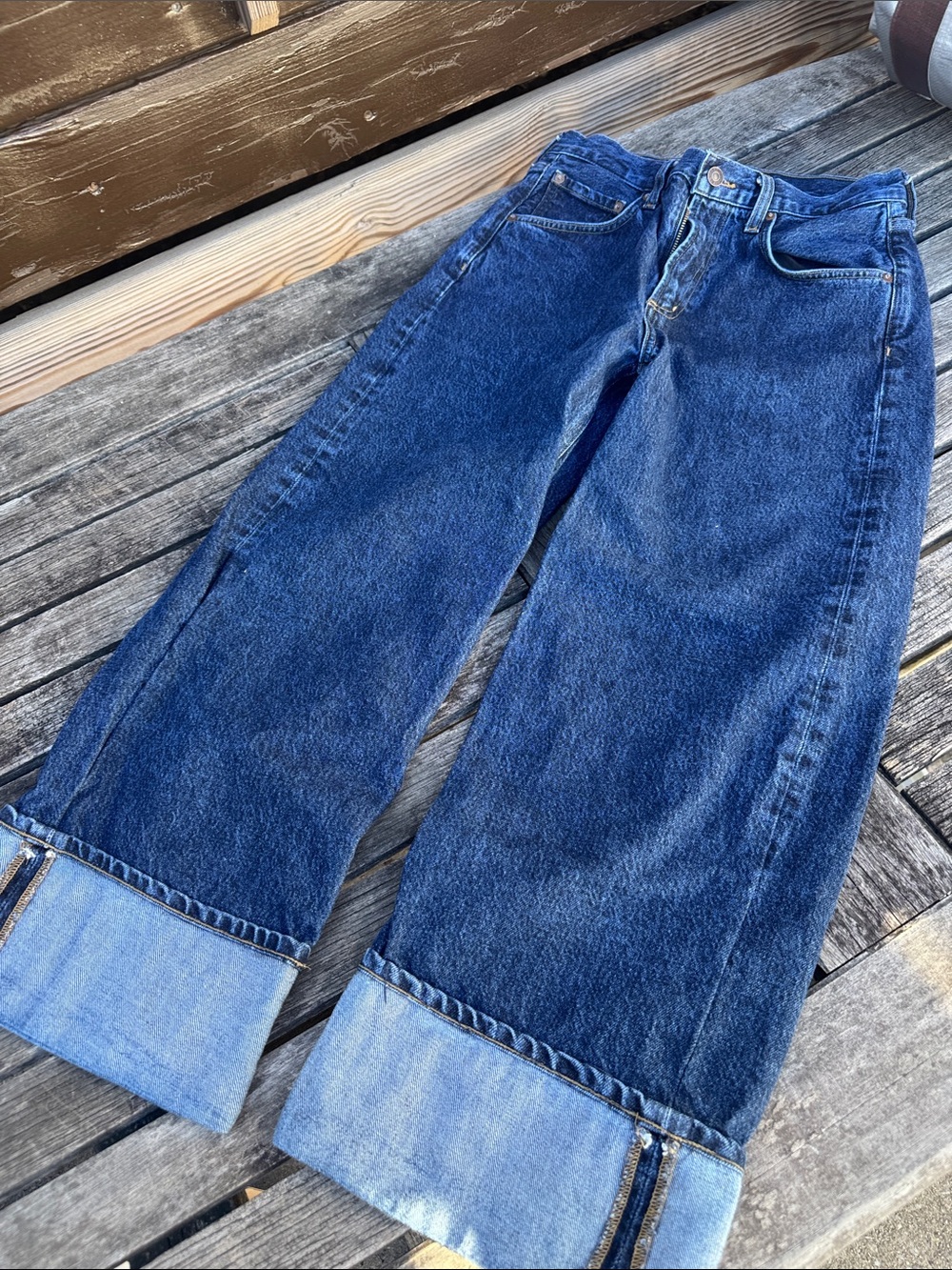 Agolde Wide Leg Flare Jeans in Dark Blue with Light Blue Cuffs